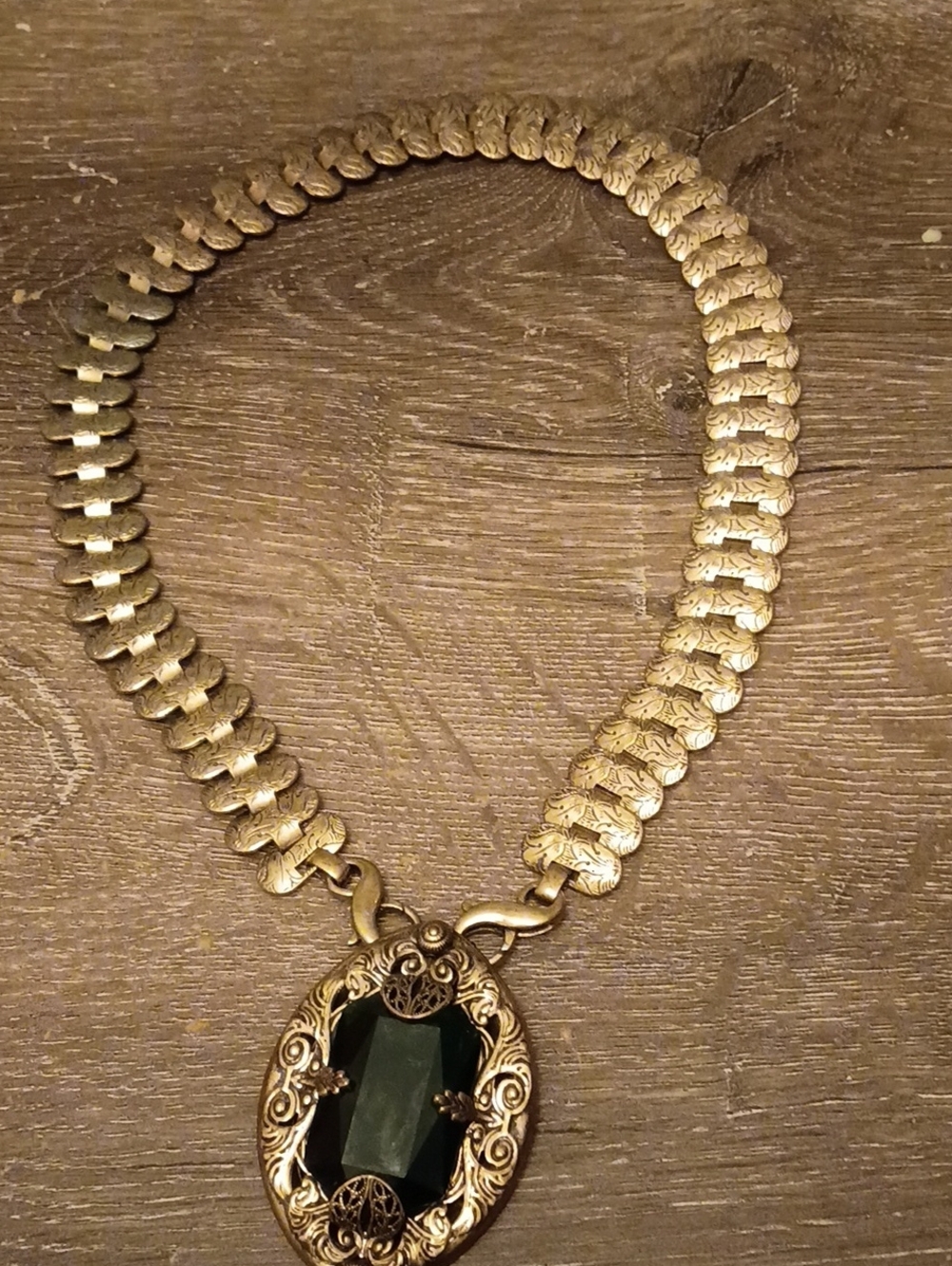 CAbi Gold Neckla Pendant Large Green Centerpiece long textured wide